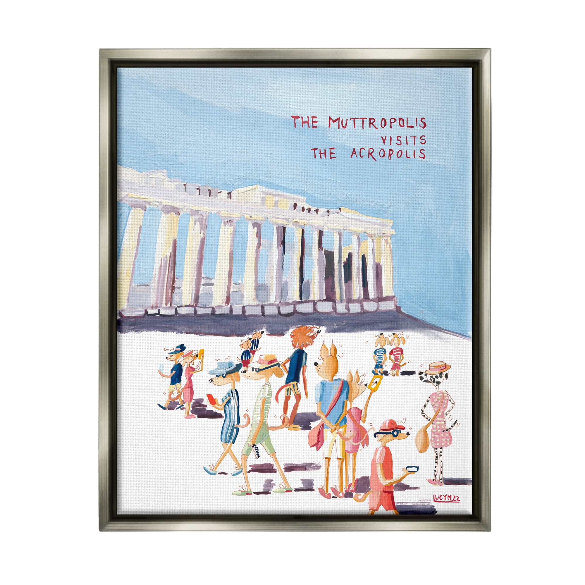 Stupell Industries Muttropolis Visits Acropolis Funny Animals & Insects Painting Gray Floater Framed Art Print Wall Art