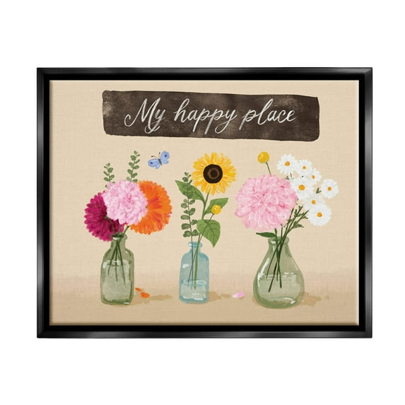 Stupell Industries My Happy Place Bouquets Graphic Art Jet Black Floating Framed Canvas Print Wall Art, Design by Be Ni La