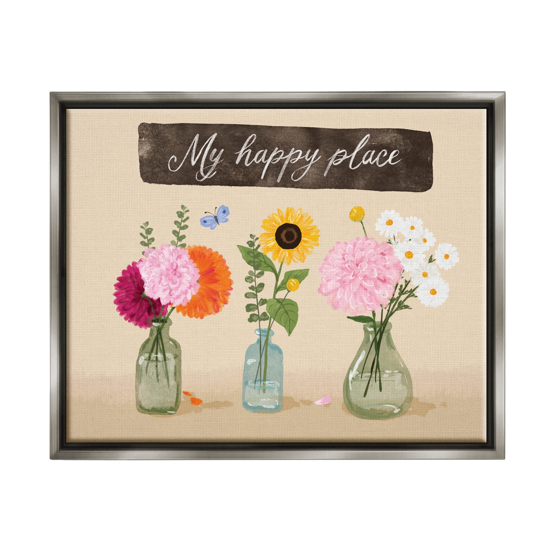 Stupell Industries My Happy Place Bouquets Graphic Art Luster Gray Floating Framed Canvas Print Wall Art, Design by Be Ni La