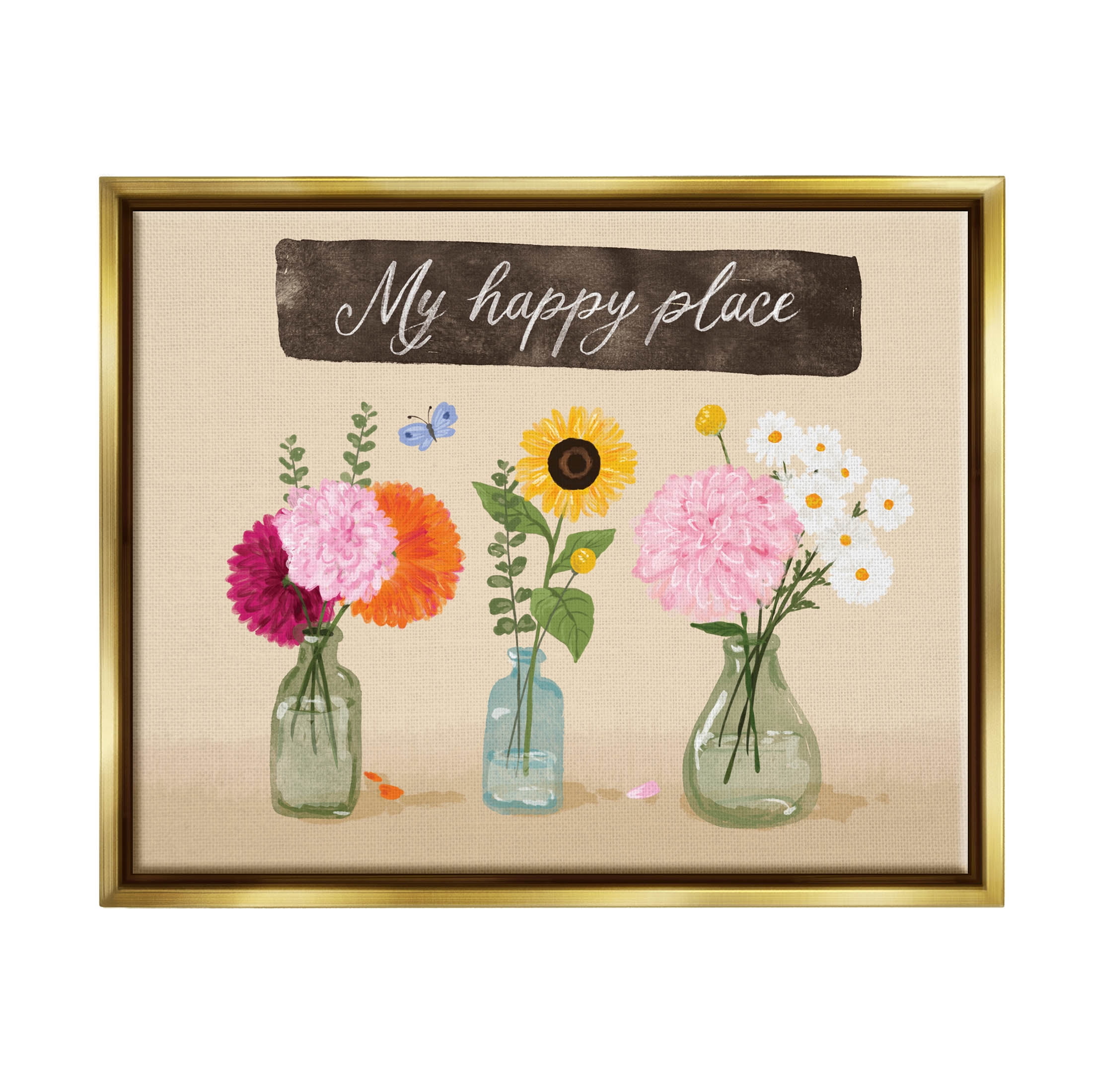 Stupell Industries My Happy Place Bouquets Graphic Art Metallic Gold Floating Framed Canvas Print Wall Art, Design by Be Ni La
