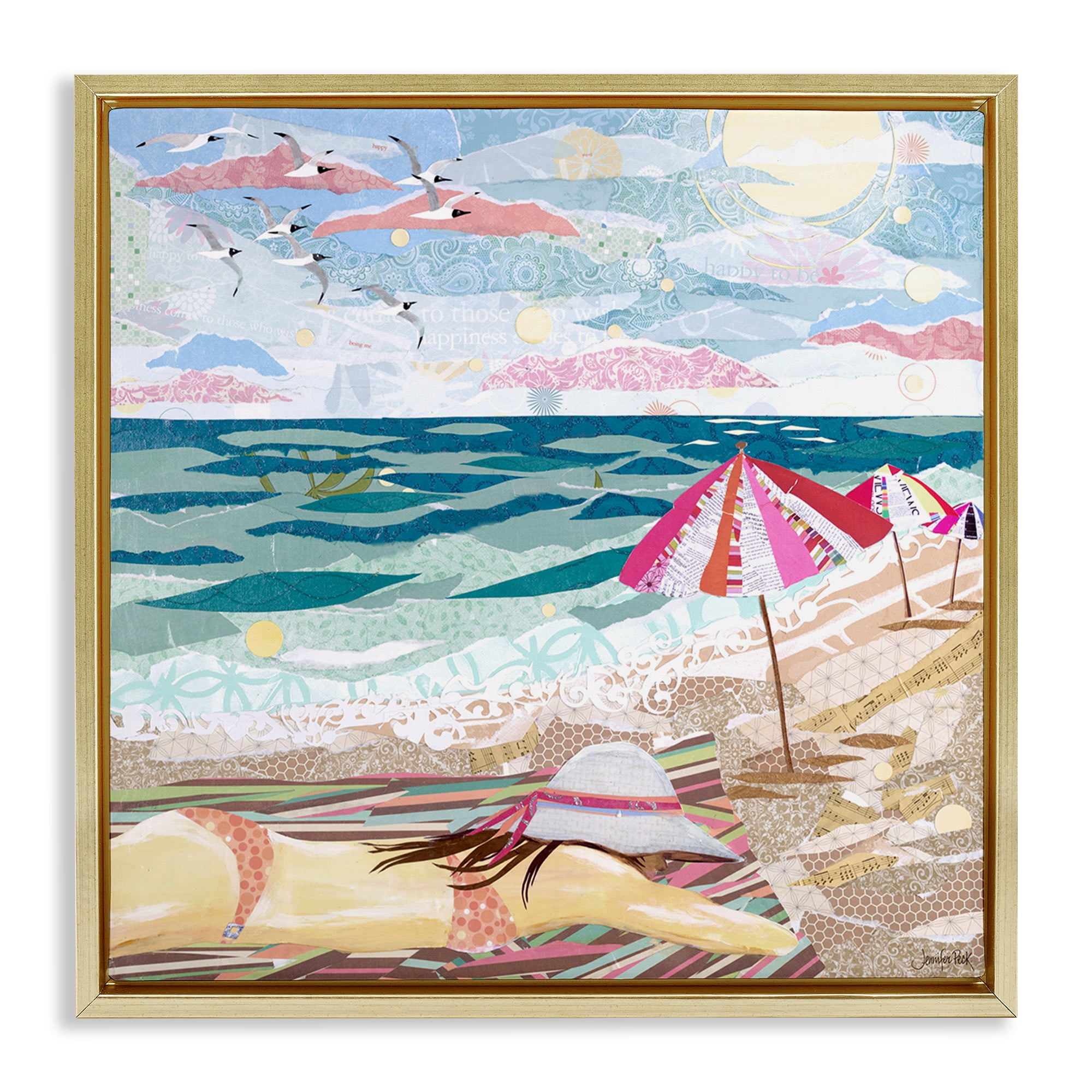 Stupell Industries My Happy Place Collaged Landscape Painting Gold Floater Framed Canvas Art Print Wall Art, 25 x 25