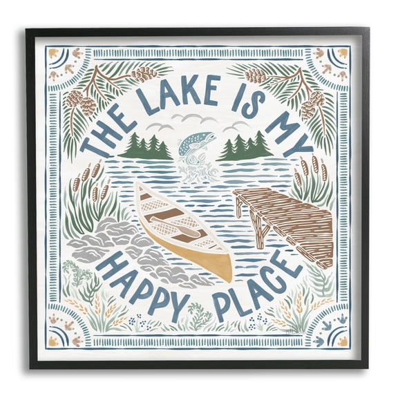 Stupell Industries My Happy Place Lake Phrase Nature Painting Black Framed Art Print Wall Art, 17 x 17