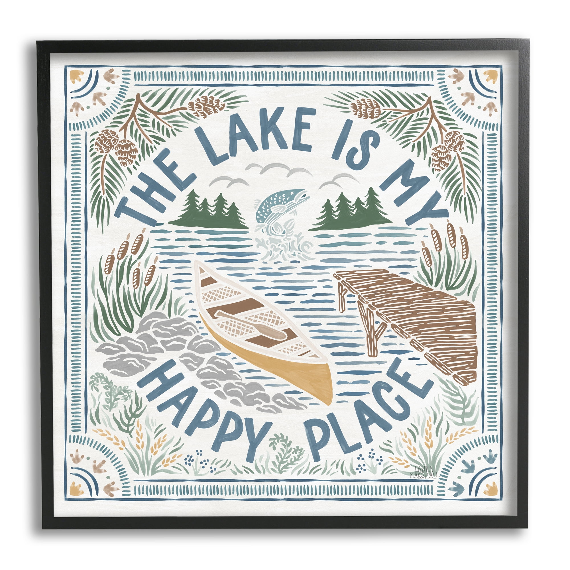Stupell Industries My Happy Place Lake Phrase Nature Painting Black Framed Art Print Wall Art, 24 x 24
