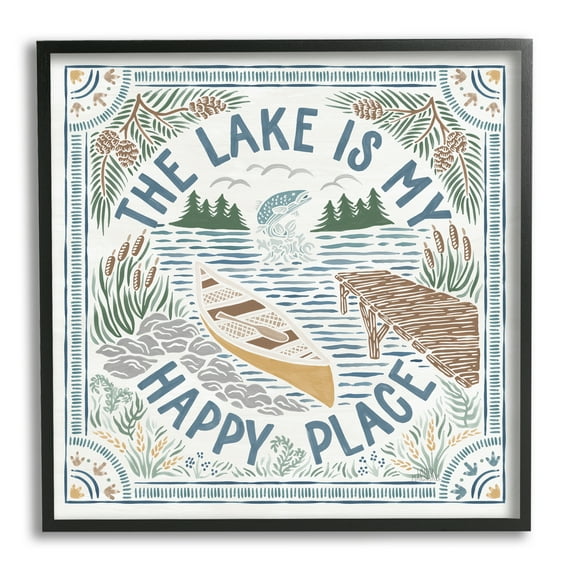 Stupell Industries My Happy Place Lake Phrase Nature Painting Black Framed Art Print Wall Art, 24 x 24