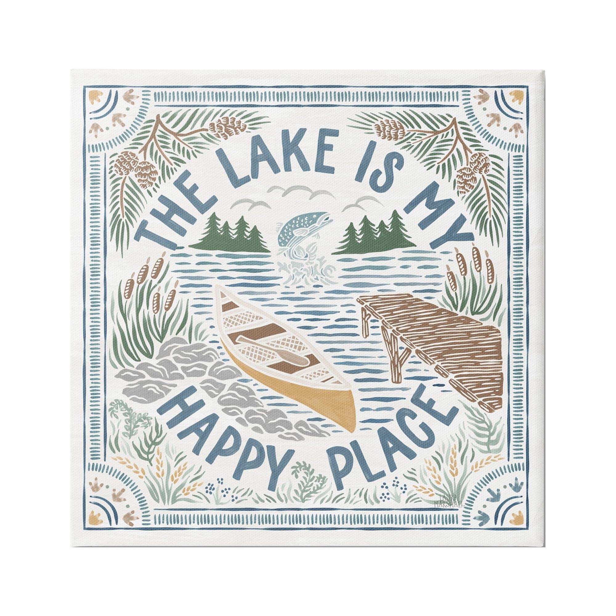 Stupell Industries My Happy Place Lake Phrase Nature Painting Gallery Wrapped Canvas Print Wall Art, 36 x 36