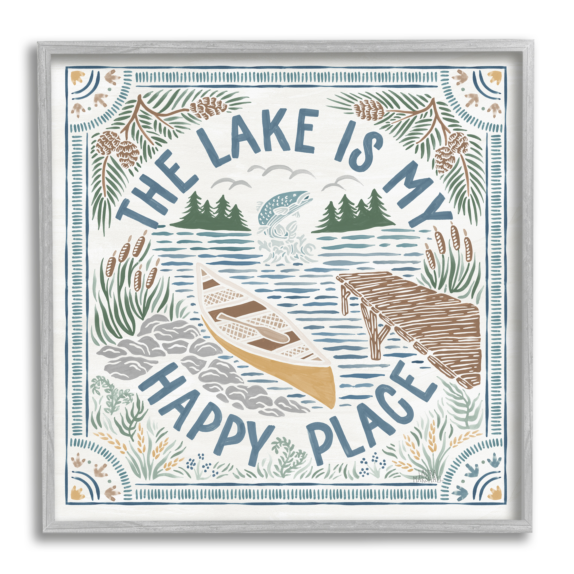 Stupell Industries My Happy Place Lake Phrase Nature Painting Gray Framed Art Print Wall Art, 12 x 12