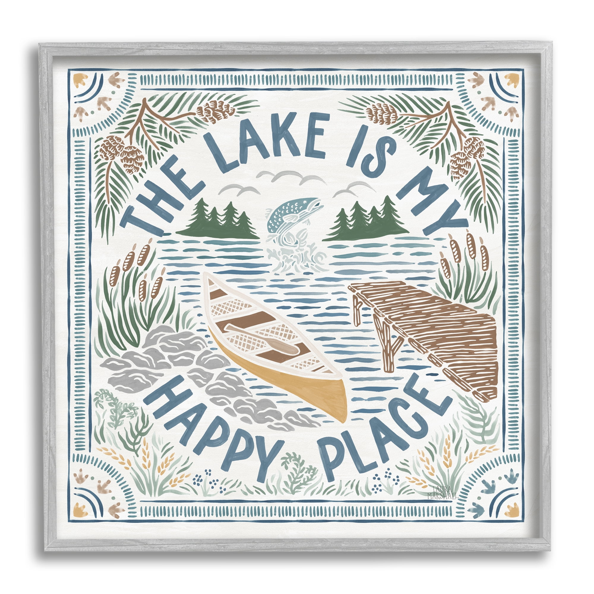 Stupell Industries My Happy Place Lake Phrase Nature Painting Gray Framed Art Print Wall Art, 17 x 17