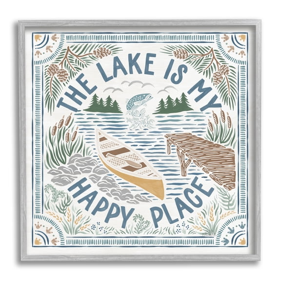 Stupell Industries My Happy Place Lake Phrase Nature Painting Gray Framed Art Print Wall Art, 17 x 17