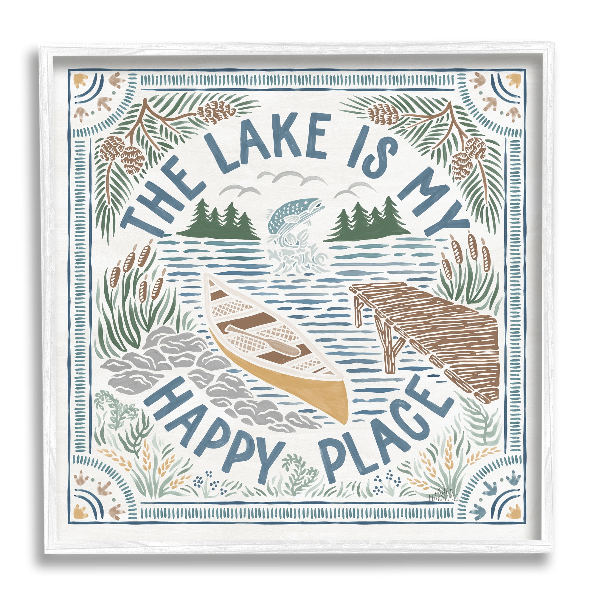 Stupell Industries My Happy Place Lake Phrase Nature Painting White Framed Art Print Wall Art, 17 x 17