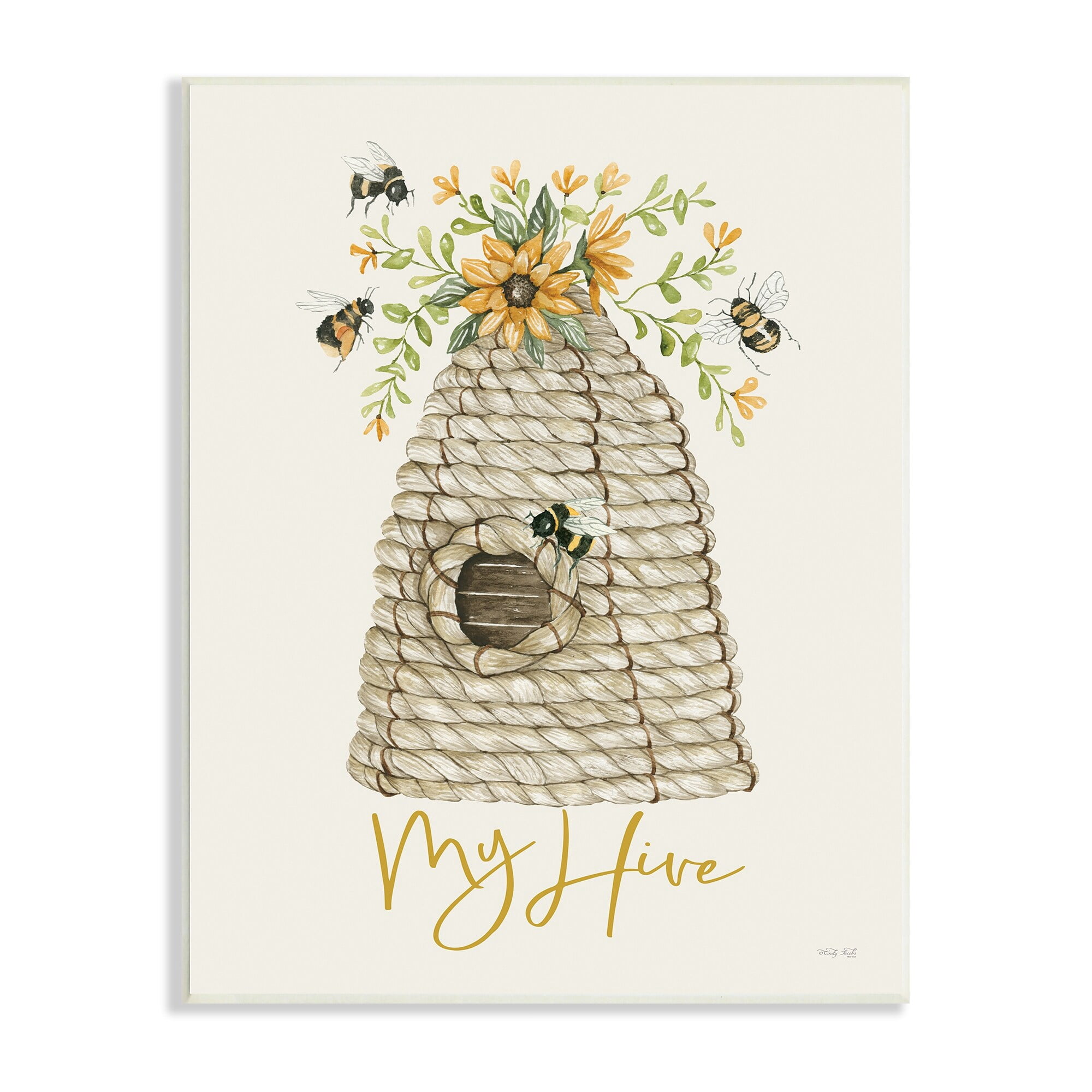 Stupell Industries My Hive Phrase Insect Bees Vintage Sunflower Florals,13 x 19, Design by Cindy Jacobs