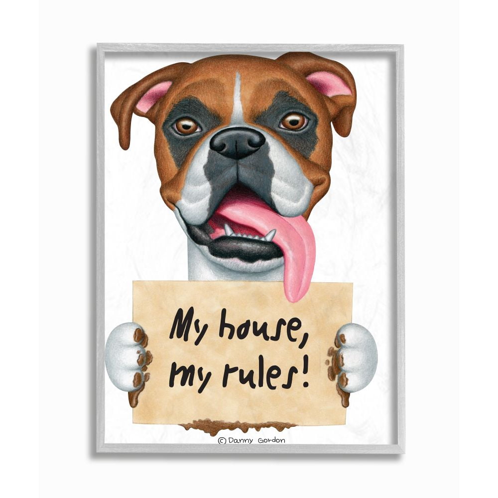 Stupell Industries My House My Rules Quote Funny Dog Home Pet Sign Animals & Insects Painting Gray Framed Art Print Wall Art, 16 x 20
