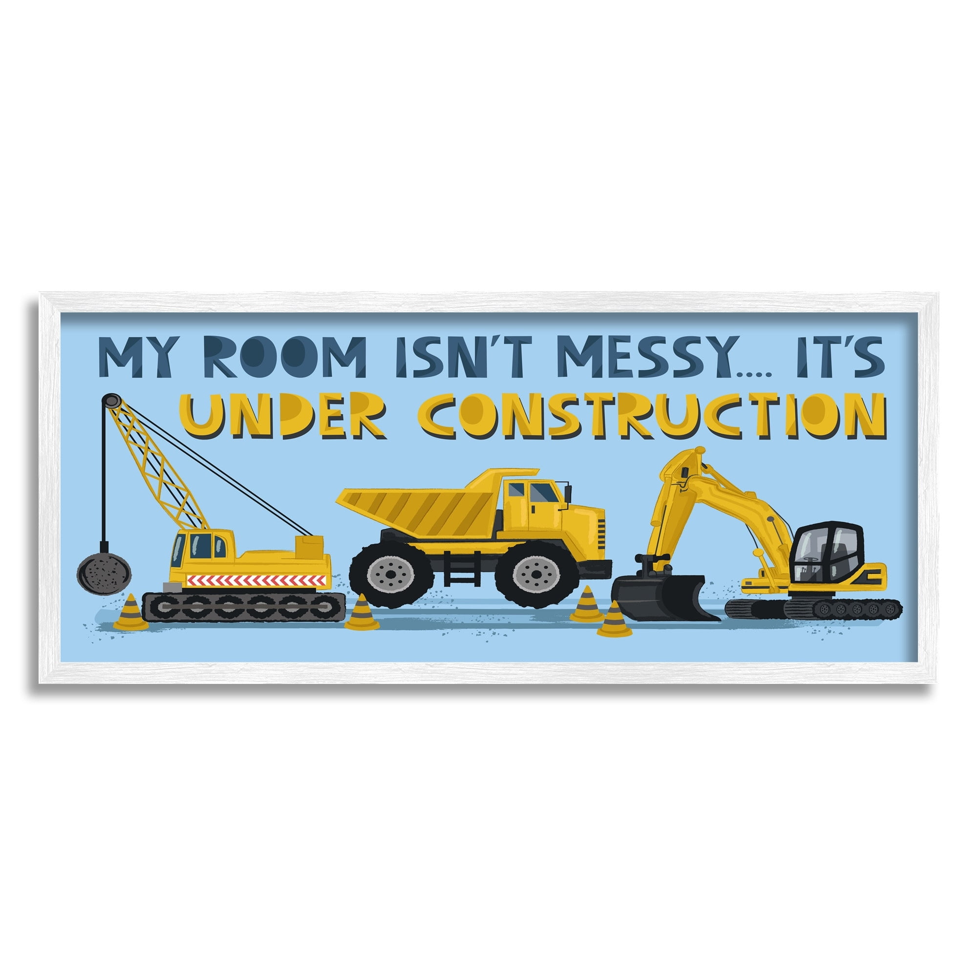 Stupell Industries My Room's Under Construction Kids' Sign Yellow Vehicles Transportation Painting White Framed Art Print Wall Art, 13 x 30
