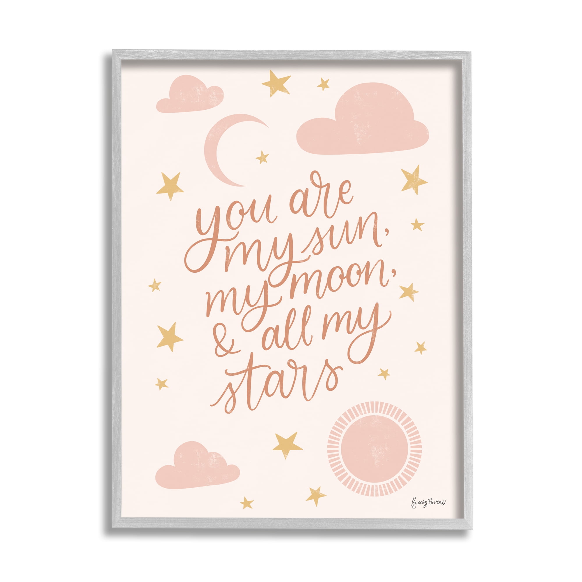 Stupell Industries My Sun Moon and Stars Children's Pink Sky Graphic Art Gray Framed Art Print Wall Art, 16x20, by Becky Thorns
