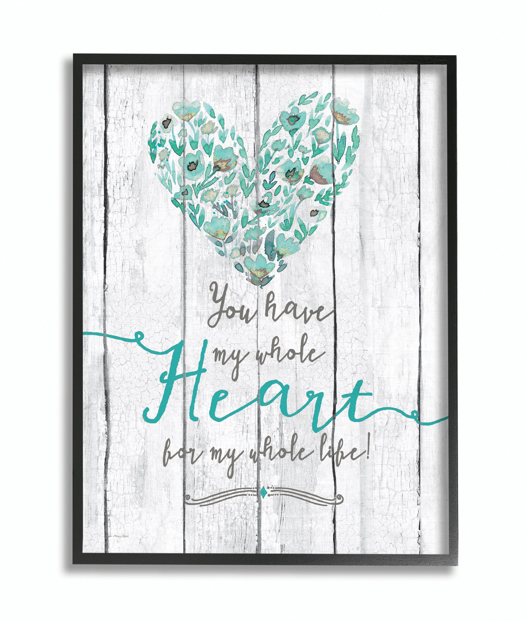Stupell Industries My Whole Heart Blue Green Wood Textured Word Design Framed Wall Art by Jo Moulton