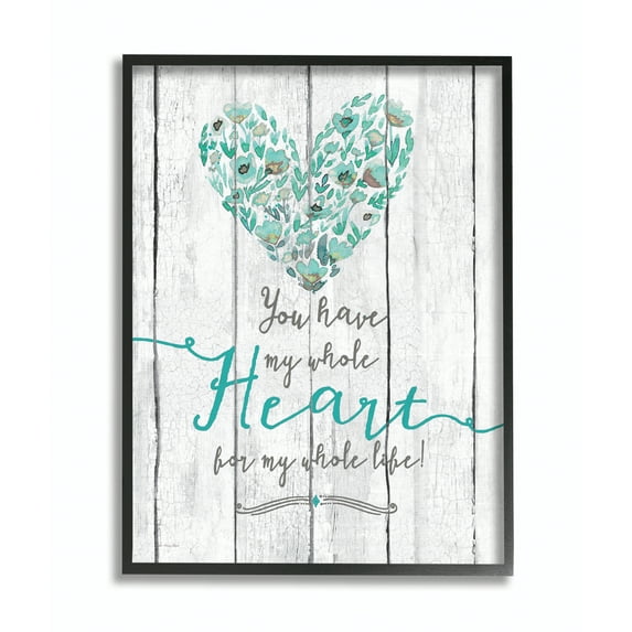 Stupell Industries My Whole Heart Blue Green Wood Textured Word Design Framed Wall Art by Jo Moulton