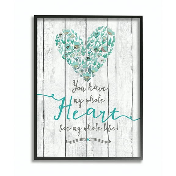 Stupell Industries My Whole Heart Blue Green Wood Textured Word Design Framed Wall Art by Jo Moulton