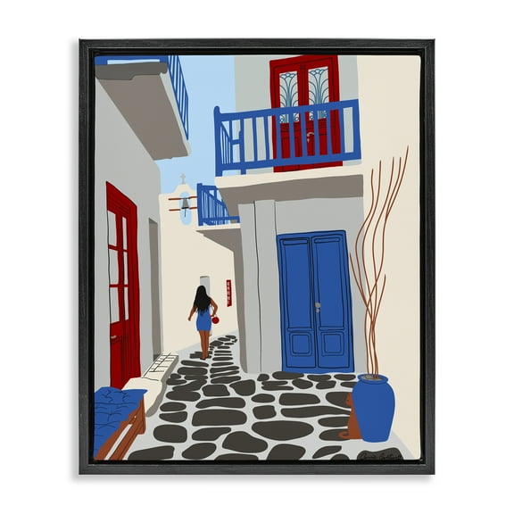 Stupell Industries Mykonos City Alley Buildings & Architecture Painting Black Floater Framed Canvas Art Print Wall Art, 17 x 21