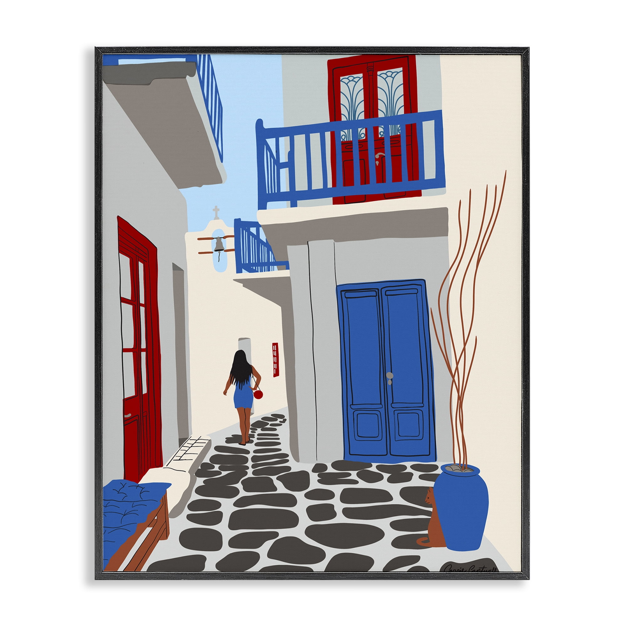 Stupell Industries Mykonos City Alley Buildings & Architecture Painting Black Framed Art Print Wall Art, 11 x 14