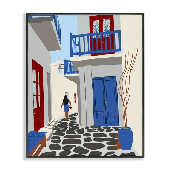 Stupell Industries Mykonos City Alley Buildings & Architecture Painting Black Framed Art Print Wall Art, 16 x 20