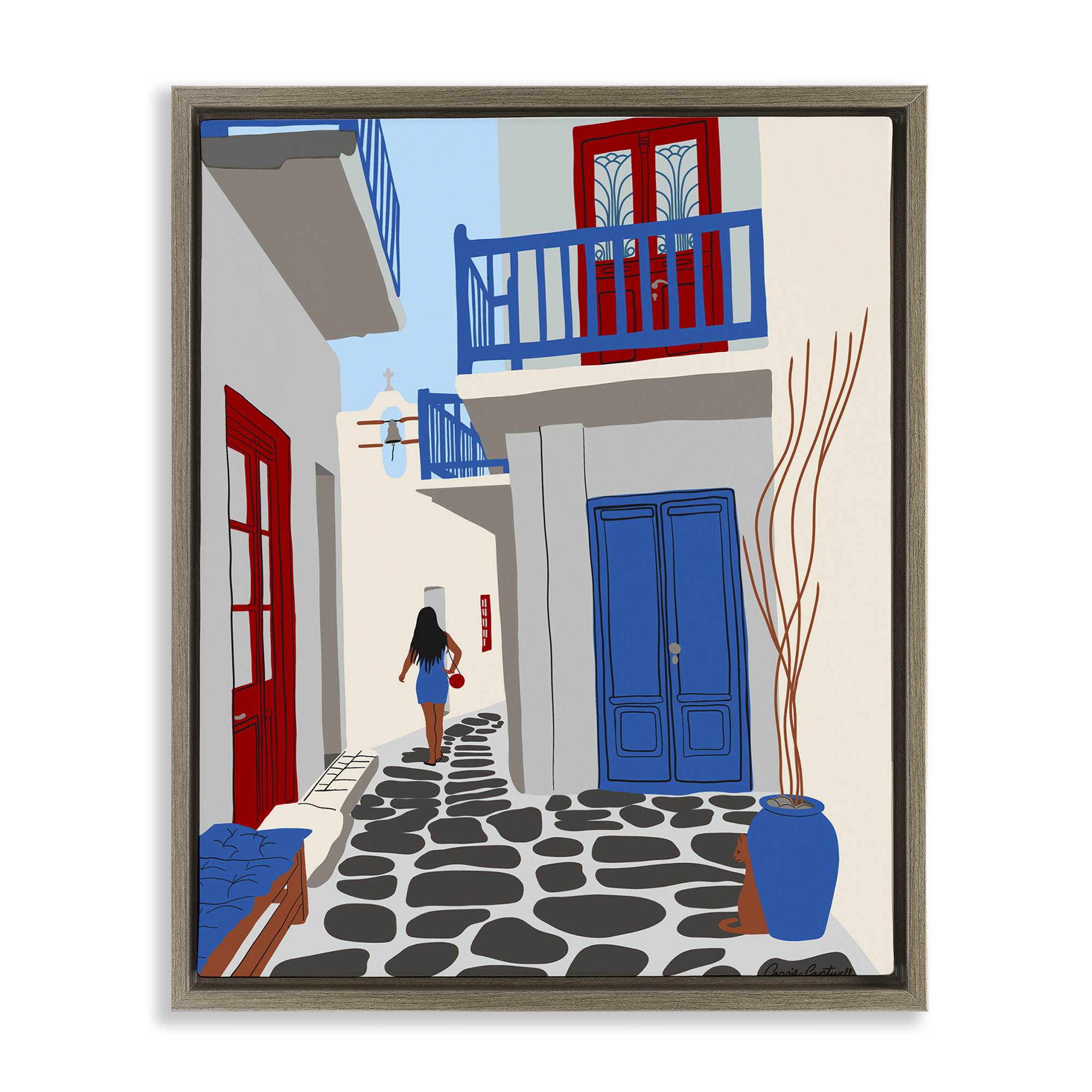 Stupell Industries Mykonos City Alley Buildings & Architecture Painting Brown Floater Framed Canvas Art Print Wall Art, 17 x 21