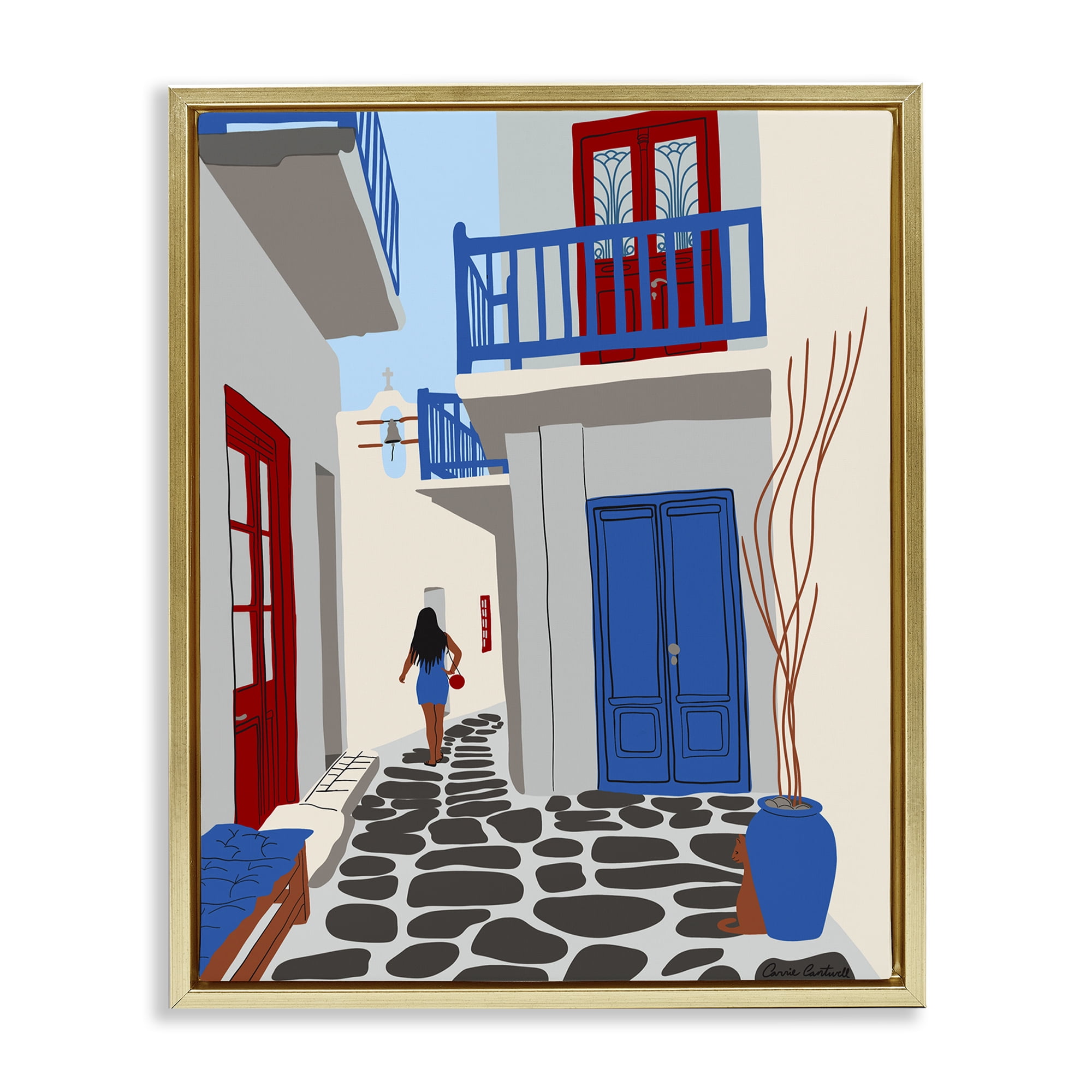 Stupell Industries Mykonos City Alley Buildings & Architecture Painting Gold Floater Framed Canvas Art Print Wall Art, 25 x 31