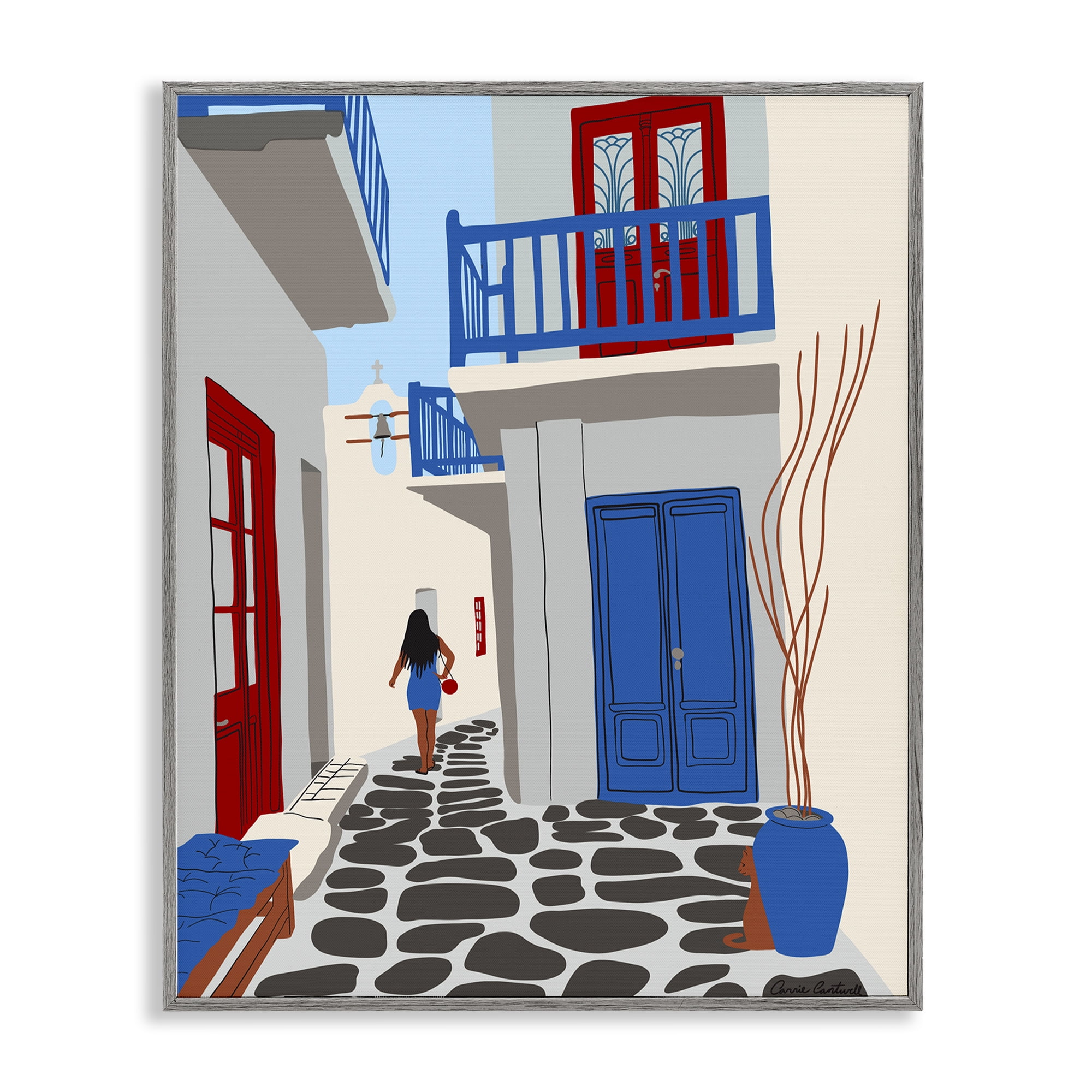 Stupell Industries Mykonos City Alley Buildings & Architecture Painting Gray Framed Art Print Wall Art, 24 x 30