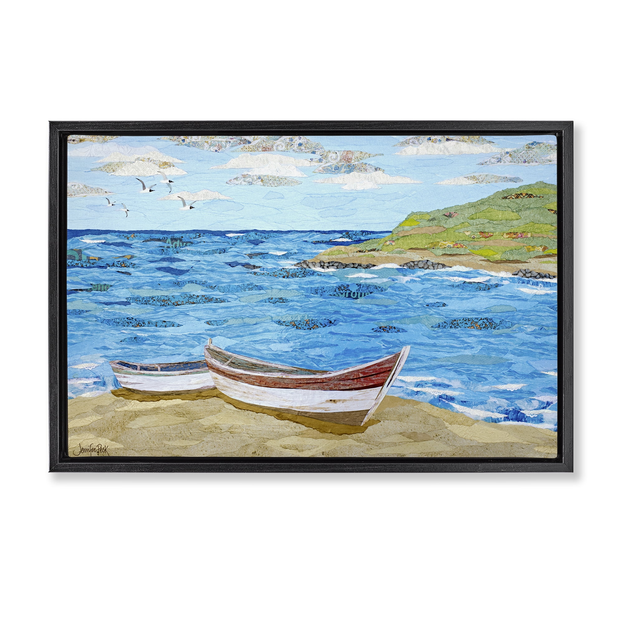 Stupell Industries Mykonos Docked Boat Landscape Painting Black Floater Framed Canvas Art Print Wall Art, 31 x 21
