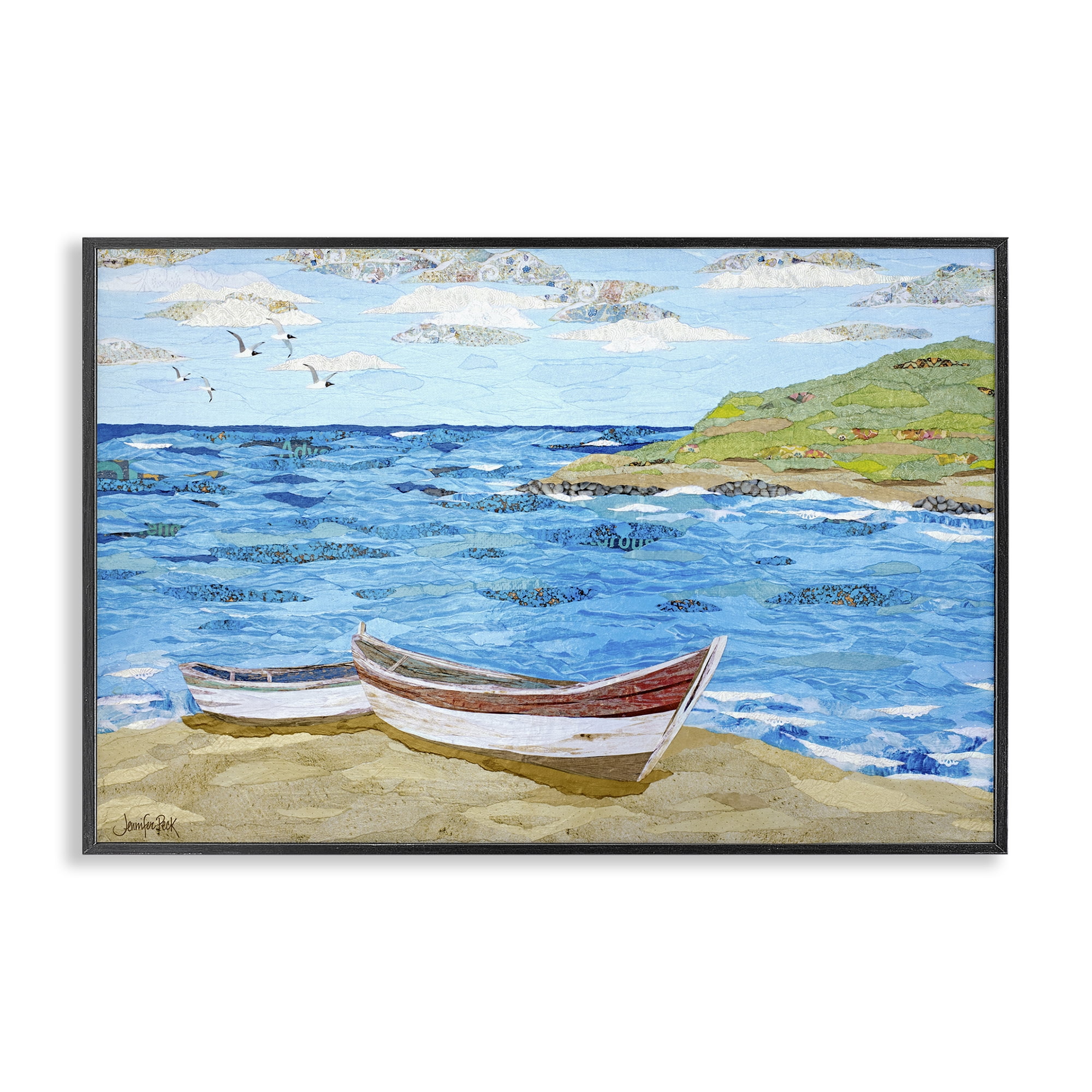Stupell Industries Mykonos Docked Boat Landscape Painting Black Framed Art Print Wall Art, 24 x 16