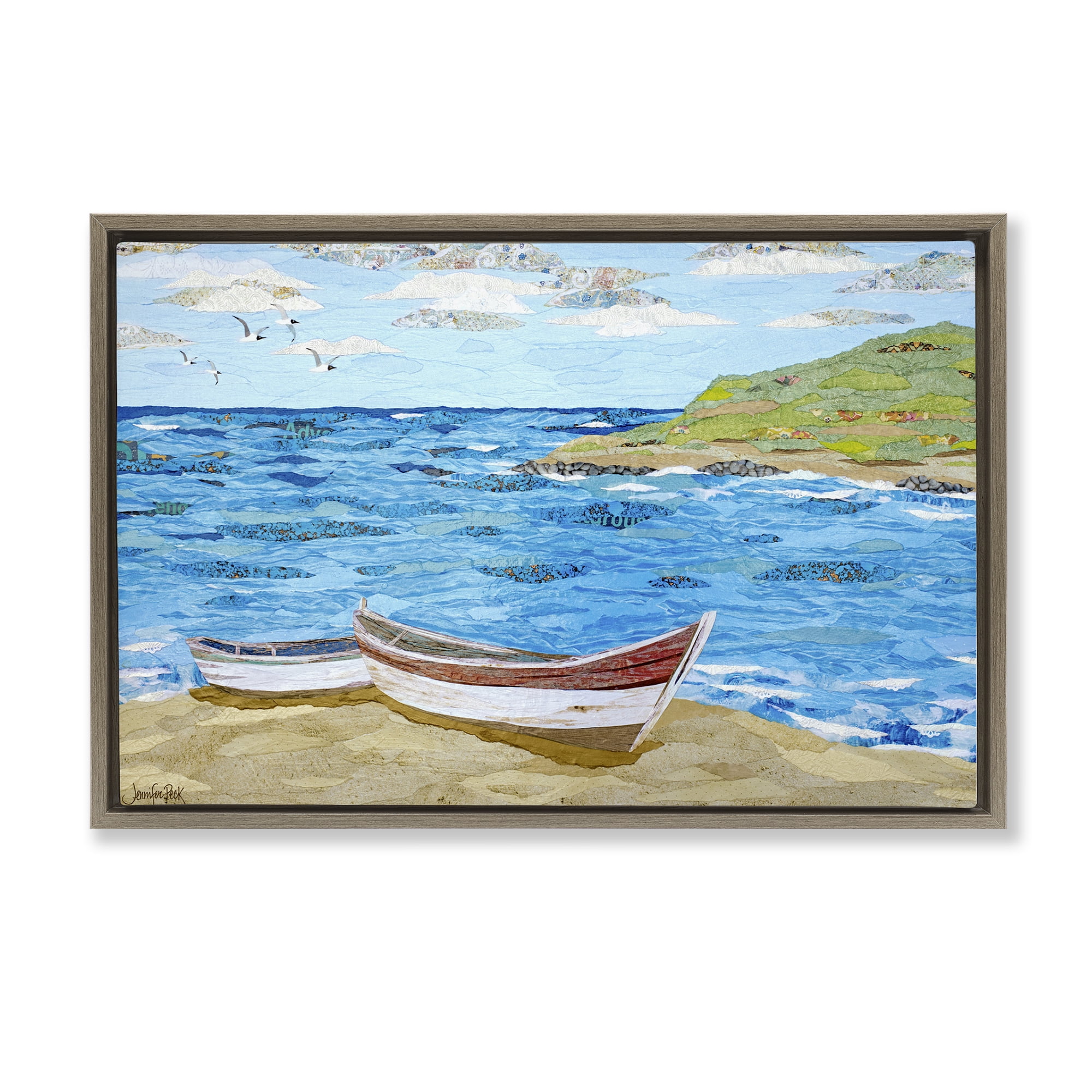 Stupell Industries Mykonos Docked Boat Landscape Painting Brown Floater Framed Canvas Art Print Wall Art, 25 x 17