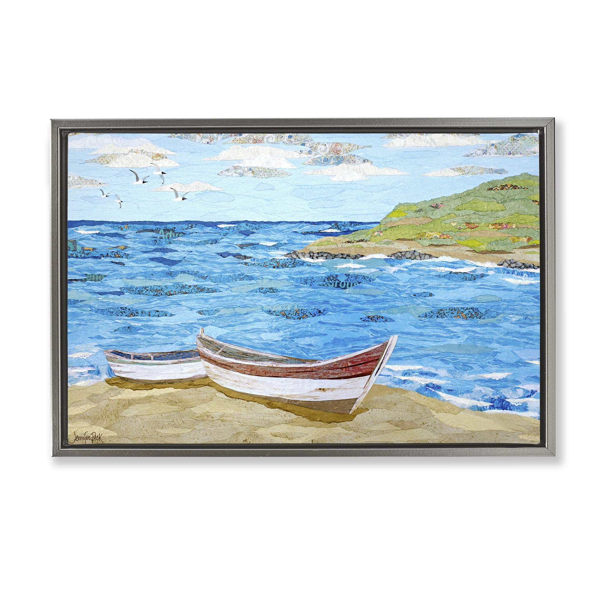 Stupell Industries Mykonos Docked Boat Landscape Painting Gray Floater Framed Canvas Art Print Wall Art, 25 x 17