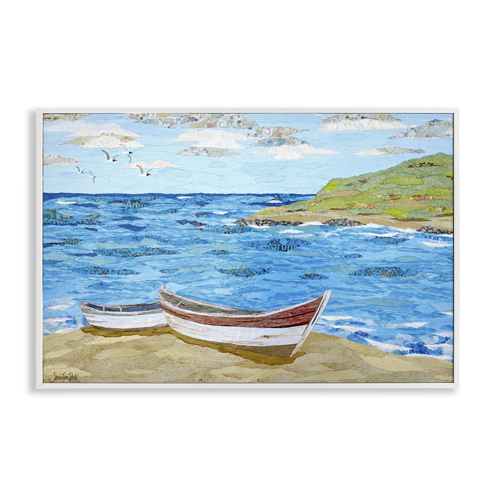 Stupell Industries Mykonos Docked Boat Landscape Painting White Framed Art Print Wall Art, 30 x 20