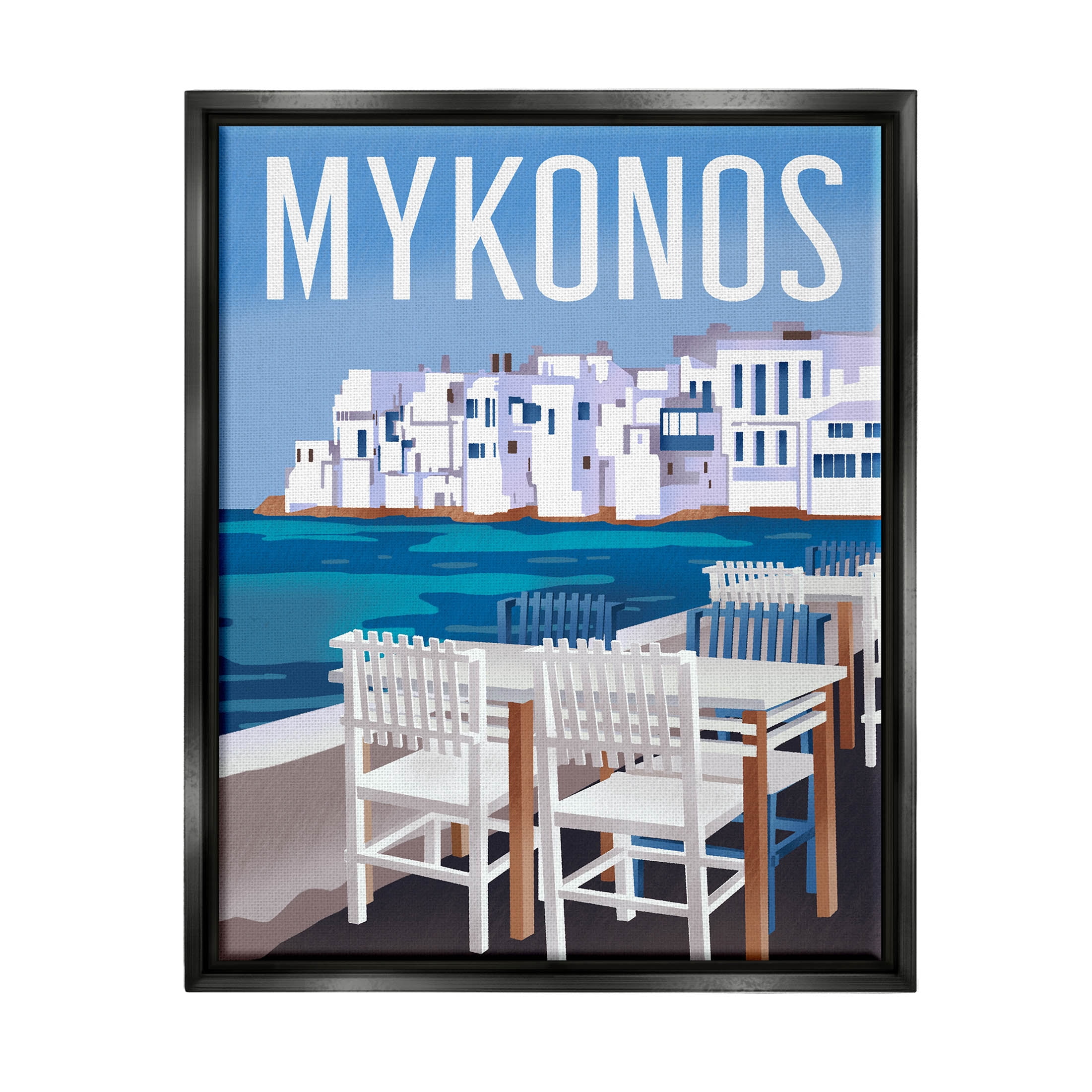 Stupell Industries Mykonos Seaside Vacation Graphic Art Jet Black Floating Framed Canvas Print Wall Art, Design by Ziwei Li