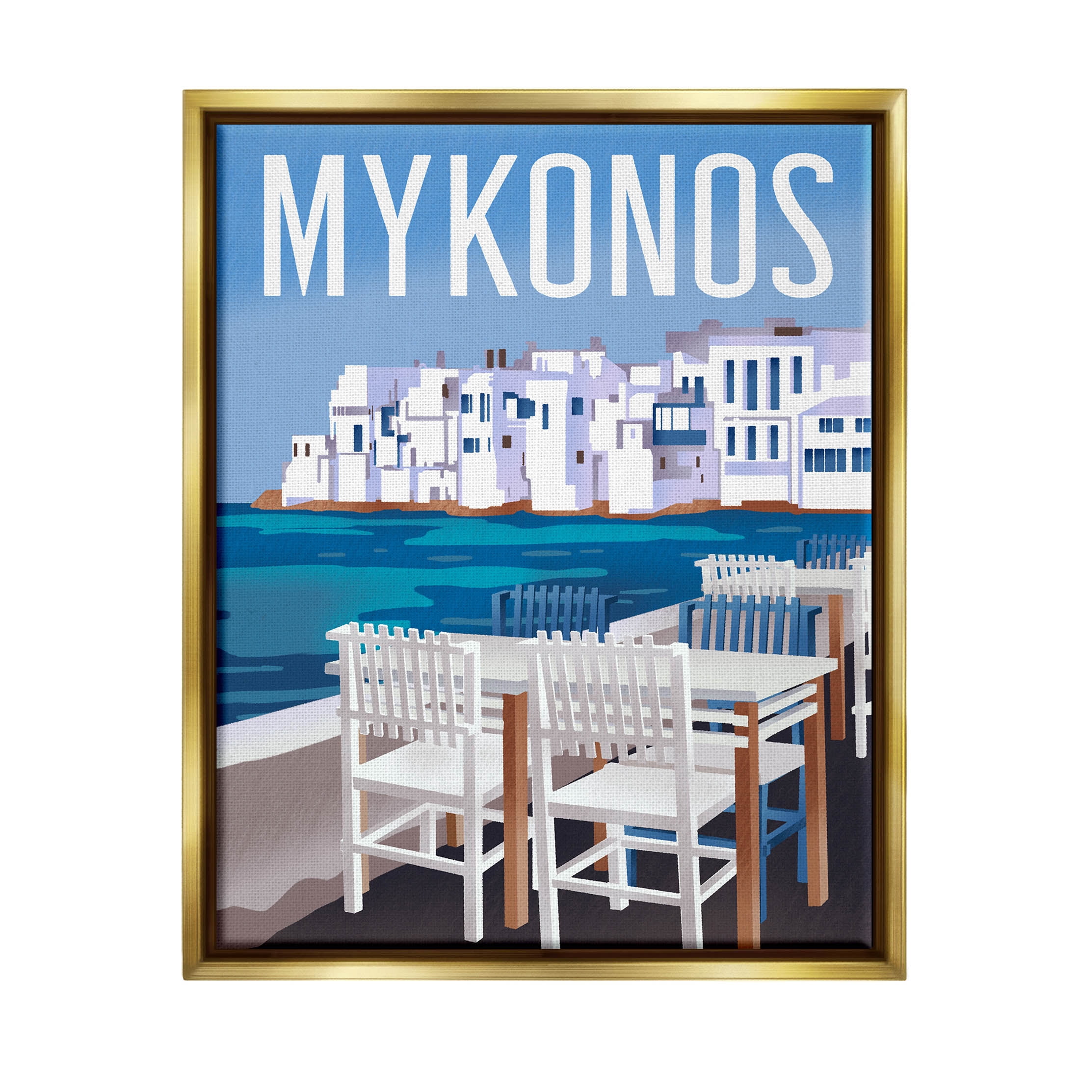 Stupell Industries Mykonos Seaside Vacation Graphic Art Metallic Gold Floating Framed Canvas Print Wall Art, Design by Ziwei Li