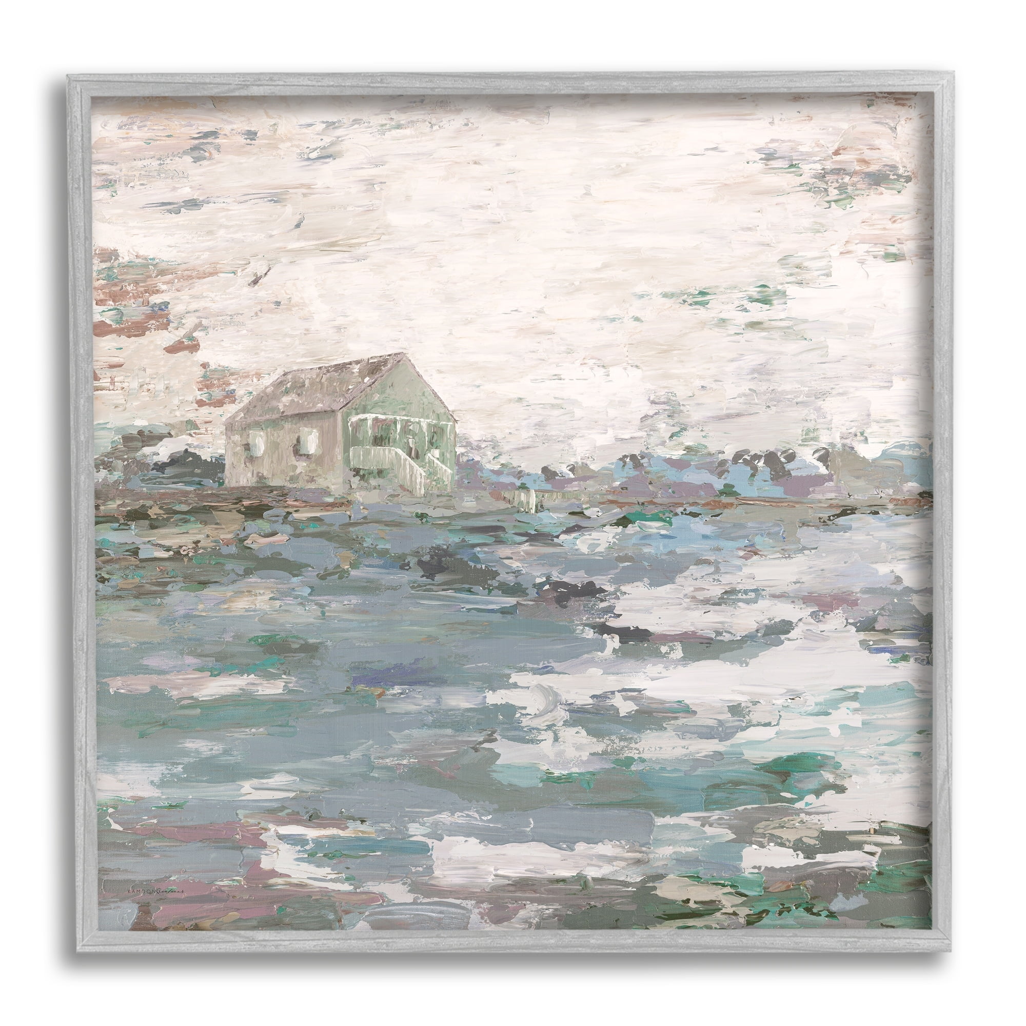Stupell Industries Mysterious Abstract Landscape Lone House Rural Field Painting Gray Framed Art Print Wall Art, Design by Kamdon Kreations