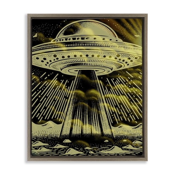Stupell Industries Mysterious Alien UFO Fantasy & Sci-Fi Painting Brown Floater Framed Canvas Art Print Wall Art, 25 x 31