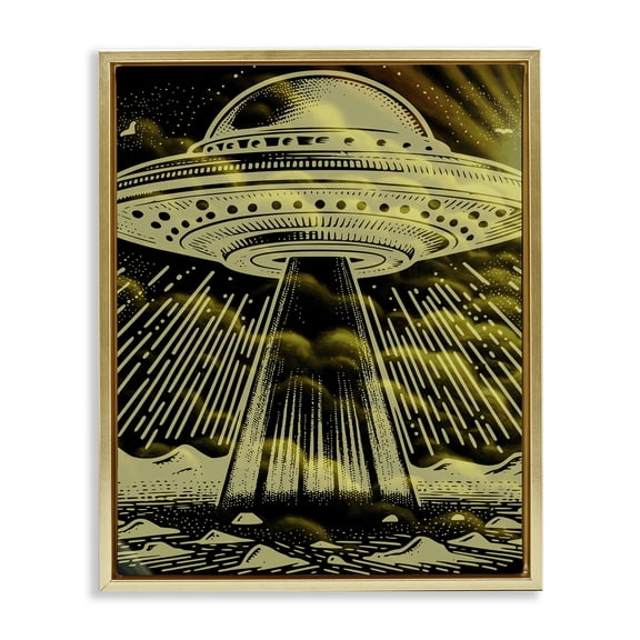 Stupell Industries Mysterious Alien UFO Fantasy & Sci-Fi Painting Gold Floater Framed Canvas Art Print Wall Art, 17 x 21