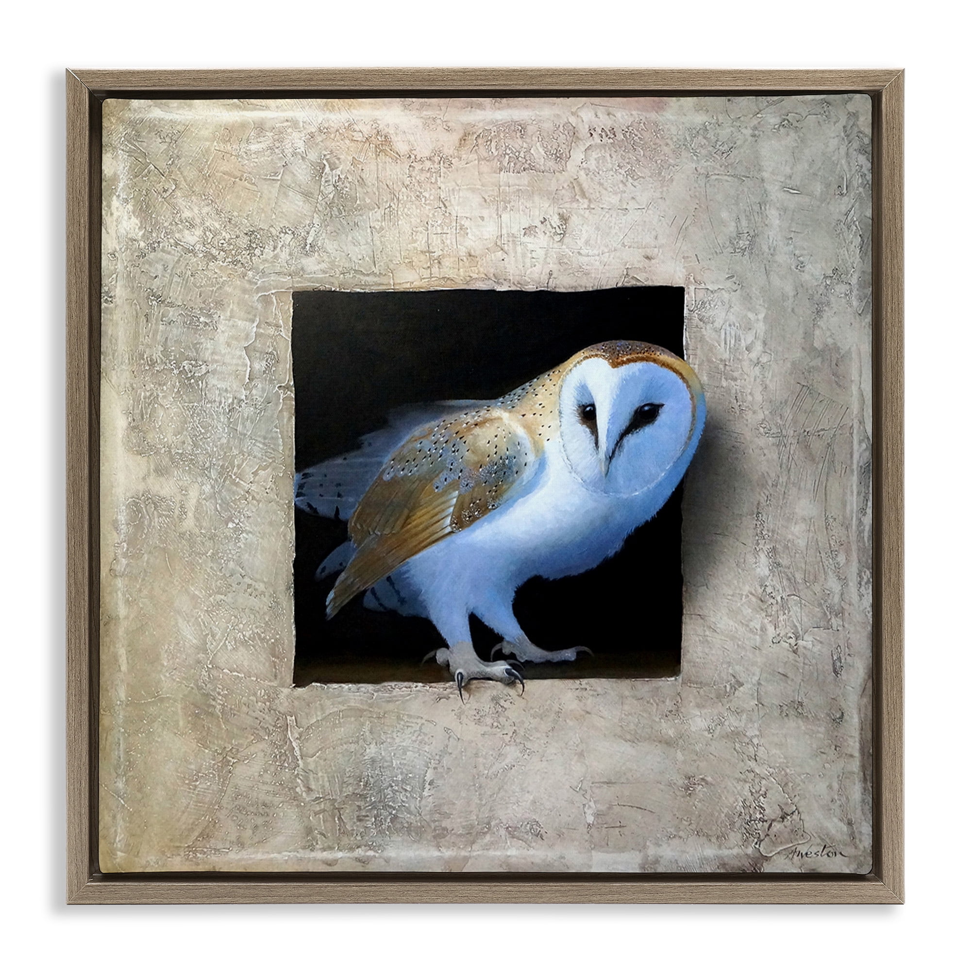 Stupell Industries Mysterious Barn Owl Peering Animals & Insects Painting Brown Floater Framed Canvas Art Print Wall Art, 25 x 25