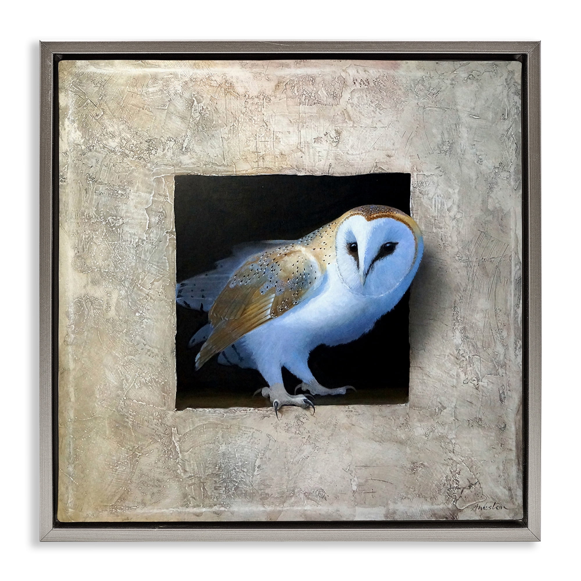 Stupell Industries Mysterious Barn Owl Peering Animals & Insects Painting Gray Floater Framed Canvas Art Print Wall Art, 25 x 25