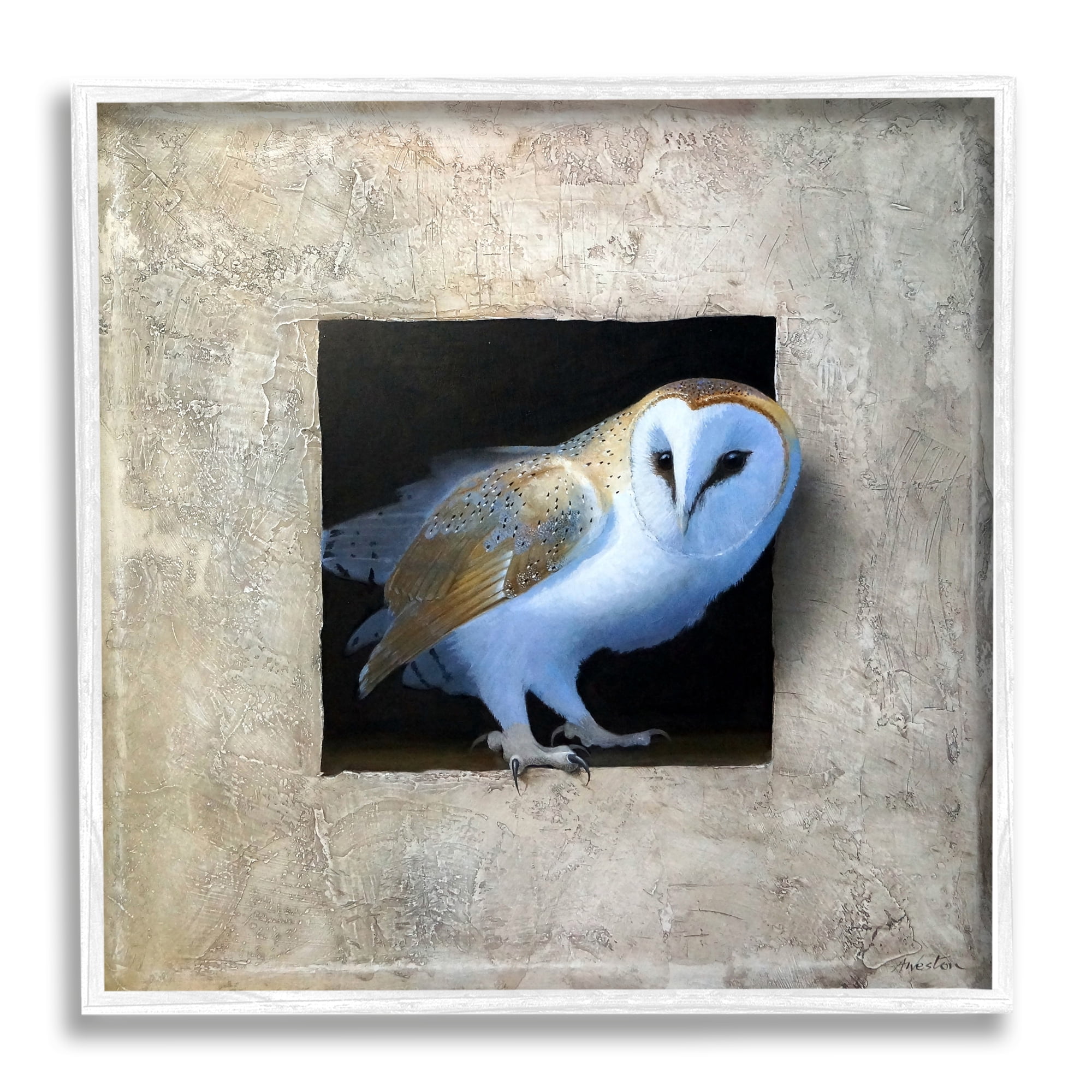 Stupell Industries Mysterious Barn Owl Peering From Darkness Painting Painting White Framed Art Print Wall Art, Design by Alan Weston