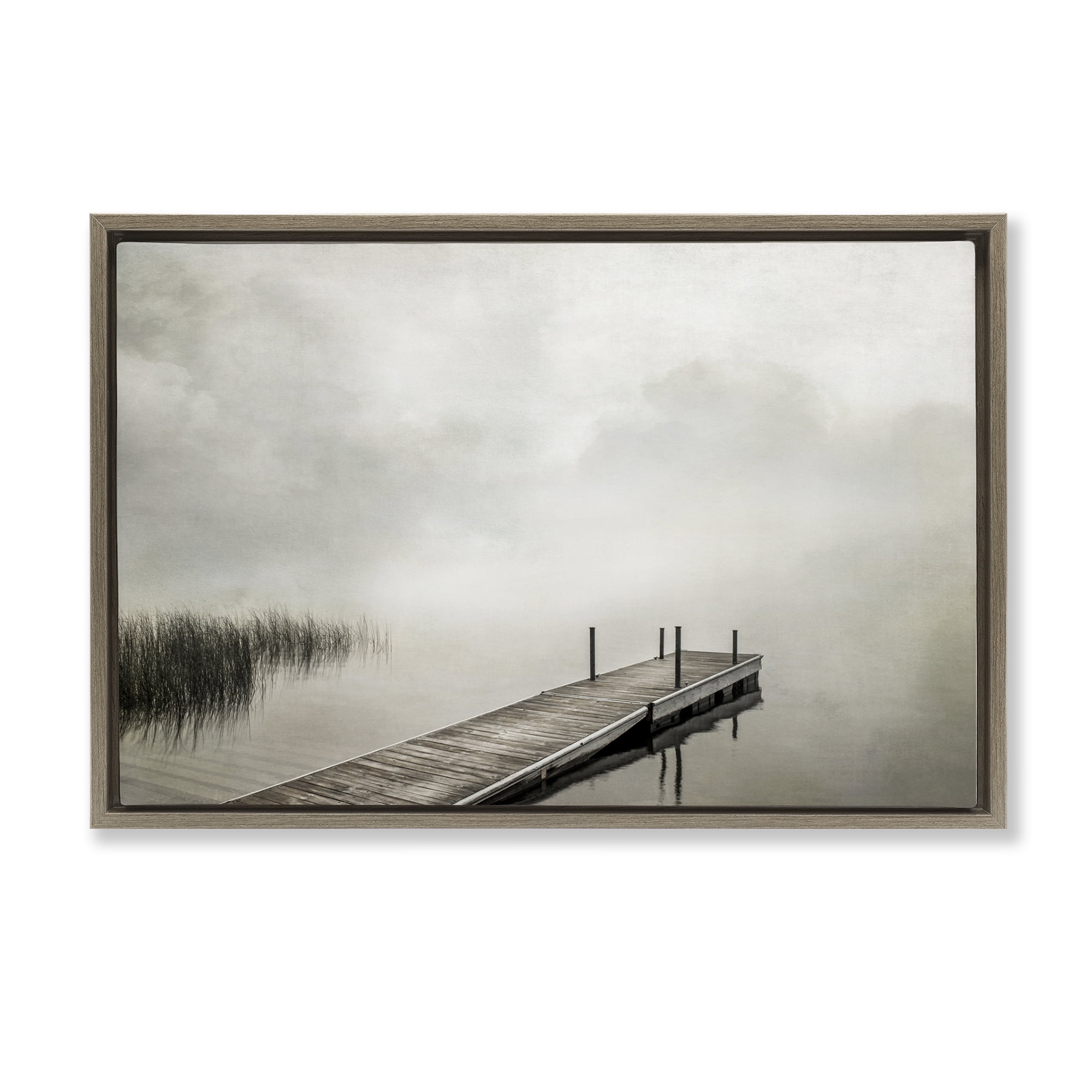 Stupell Industries Mysterious Foggy Lake Dock Landscape & Nature Photography Brown Floater Framed Canvas Art Print Wall Art, 25 x 17