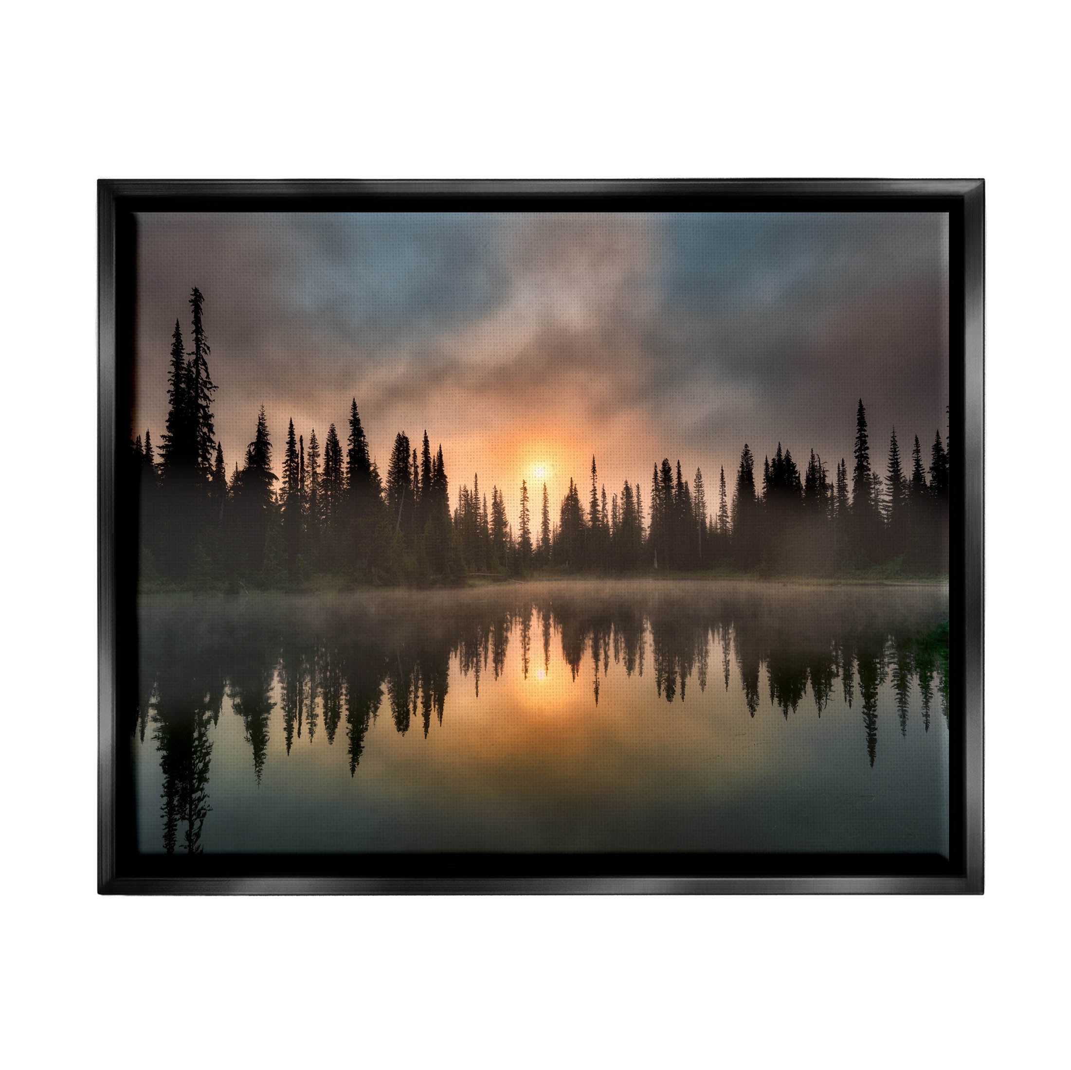 Stupell Industries Mysterious Lake Reflection Sunset Forest Photograph Jet Black Floating Framed Canvas Print Wall Art, Design by Dennis Frates