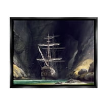 Stupell Industries Mysterious Ship in Cave Transportation Painting Black Floater Framed Canvas Art Print Wall Art, 21 x 17