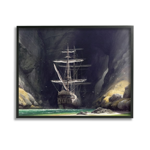Stupell Industries Mysterious Ship in Cave Transportation Painting Black Framed Art Print Wall Art, 14 x 11