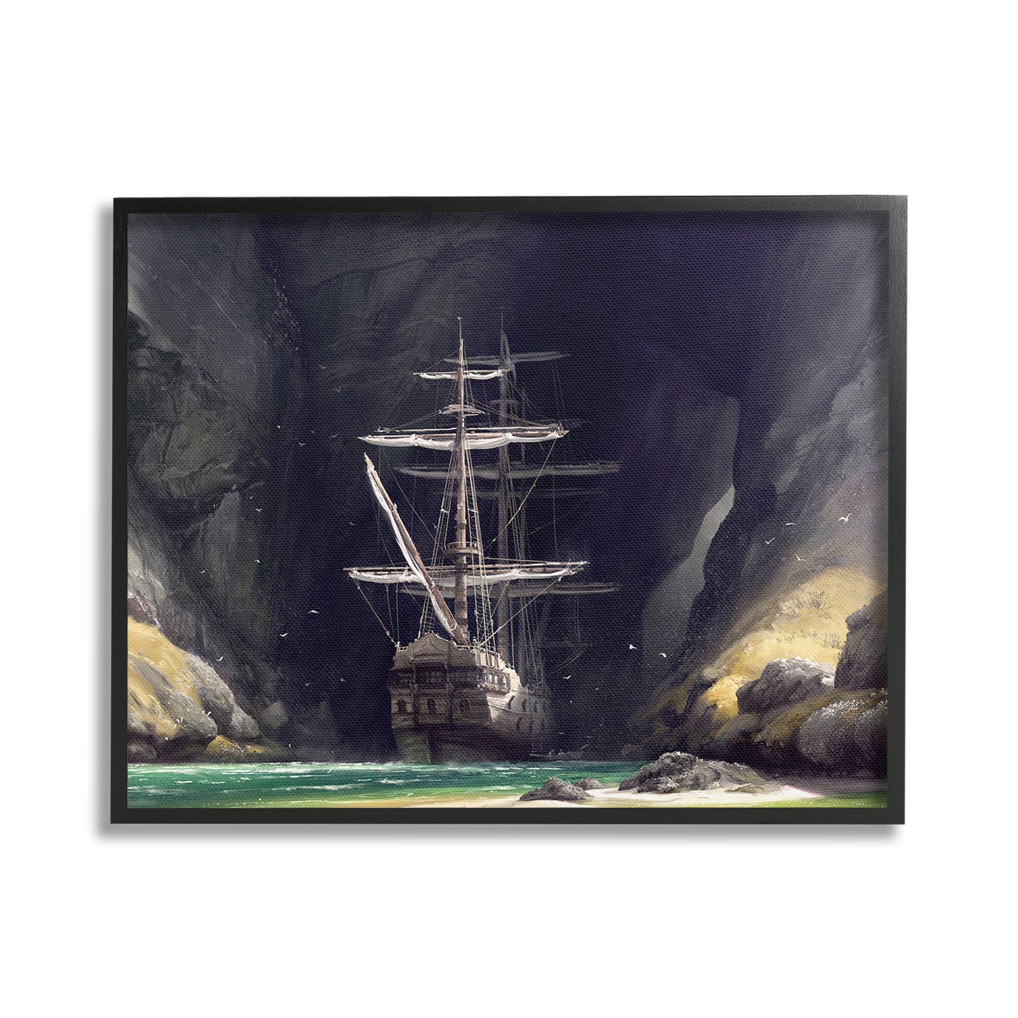 Stupell Industries Mysterious Ship in Cave Transportation Painting Black Framed Art Print Wall Art, 30 x 24