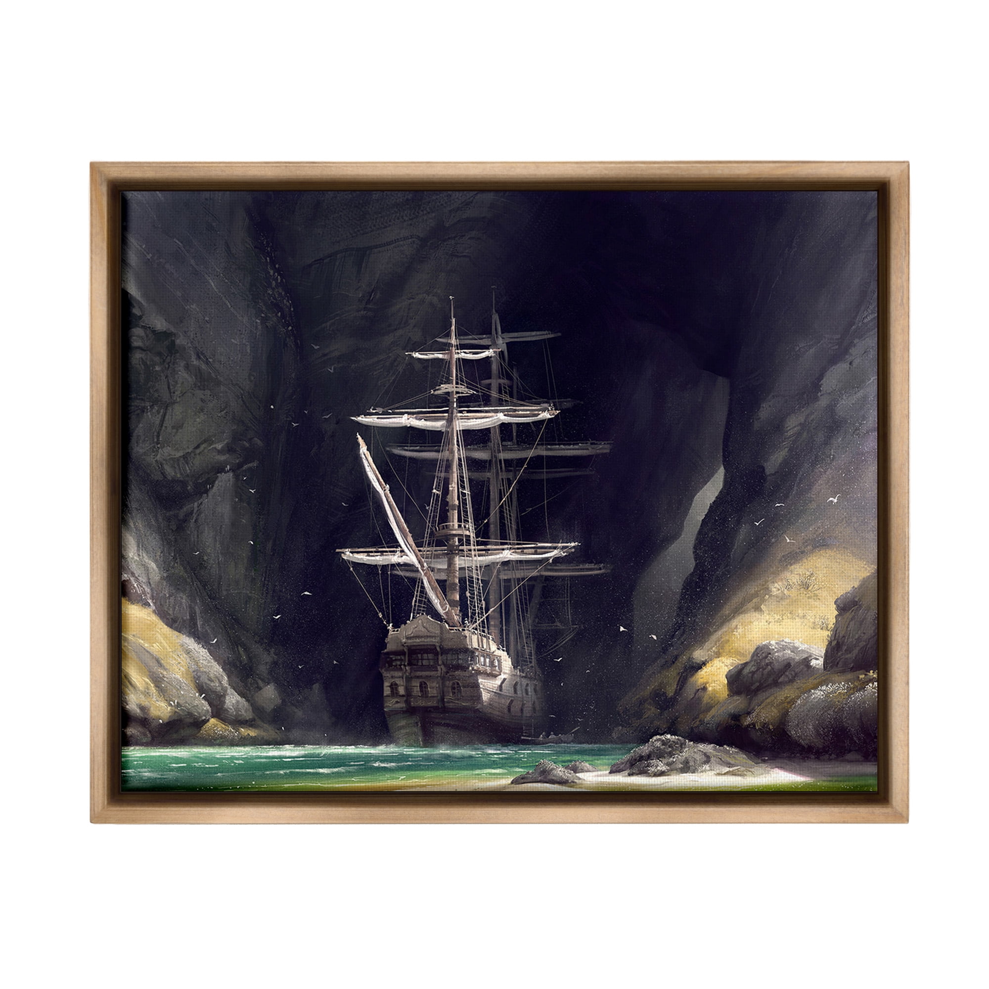 Stupell Industries Mysterious Ship in Cave Transportation Painting Brown Floater Framed Canvas Art Print Wall Art, 31 x 25