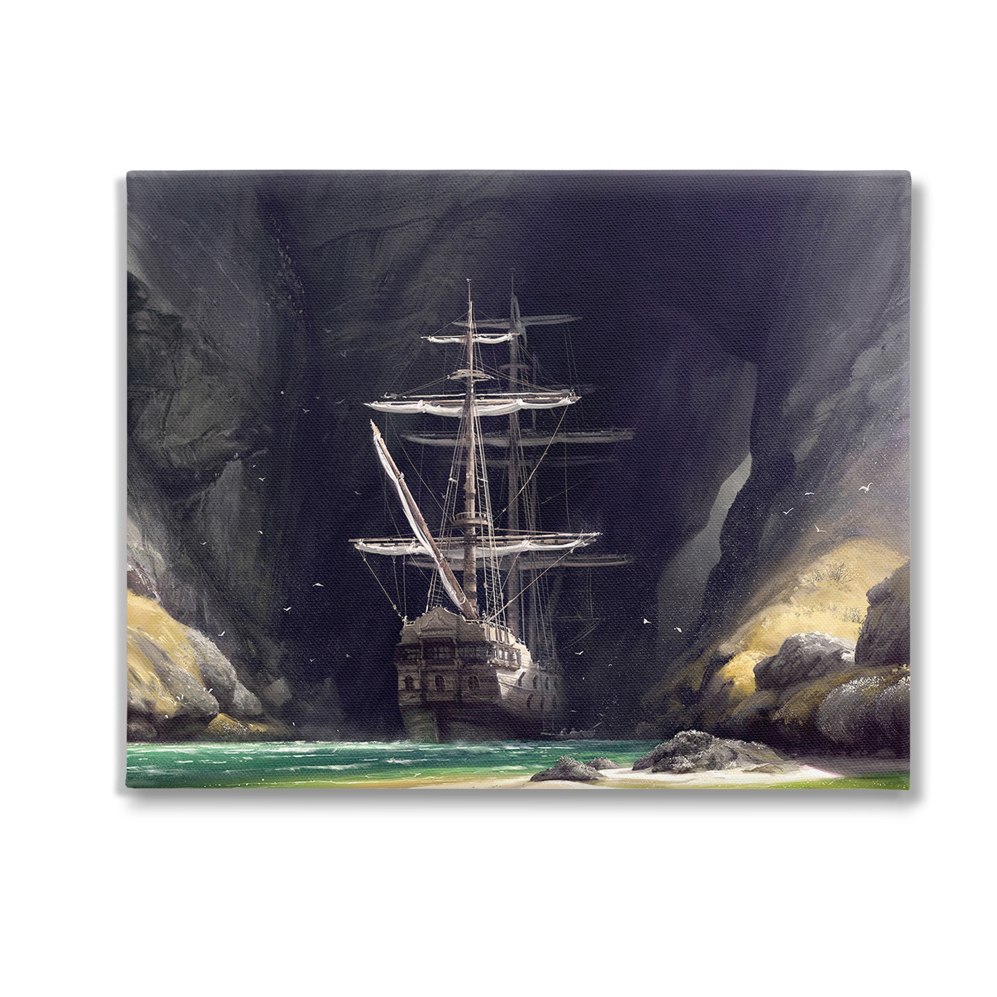 Stupell Industries Mysterious Ship in Cave Transportation Painting Gallery Wrapped Canvas Art Print Wall Art, 30 x 24