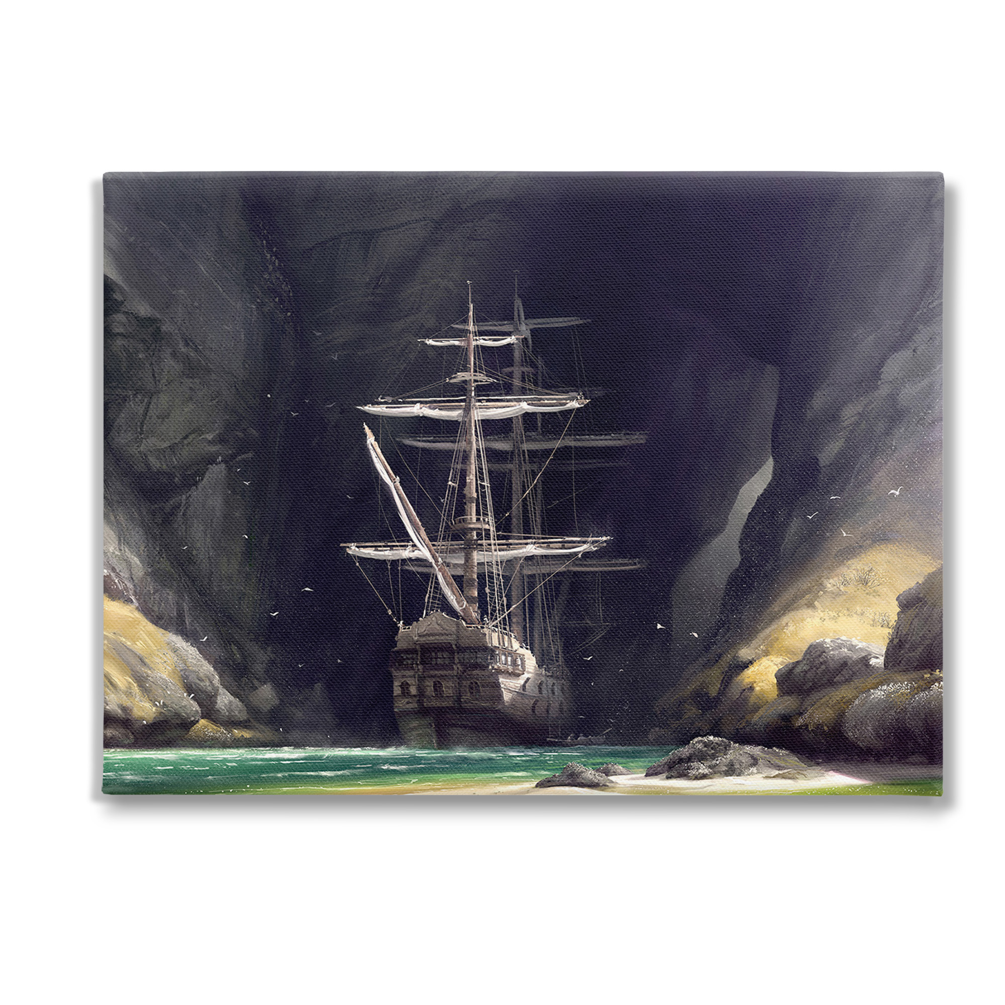 Stupell Industries Mysterious Ship in Cave Transportation Painting Gallery Wrapped Canvas Art Print Wall Art, 40 x 30