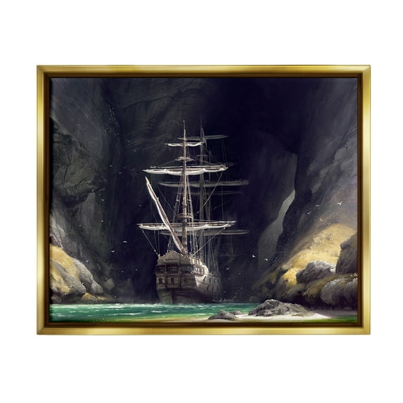 Stupell Industries Mysterious Ship in Cave Transportation Painting Gold Floater Framed Canvas Art Print Wall Art, 21 x 17