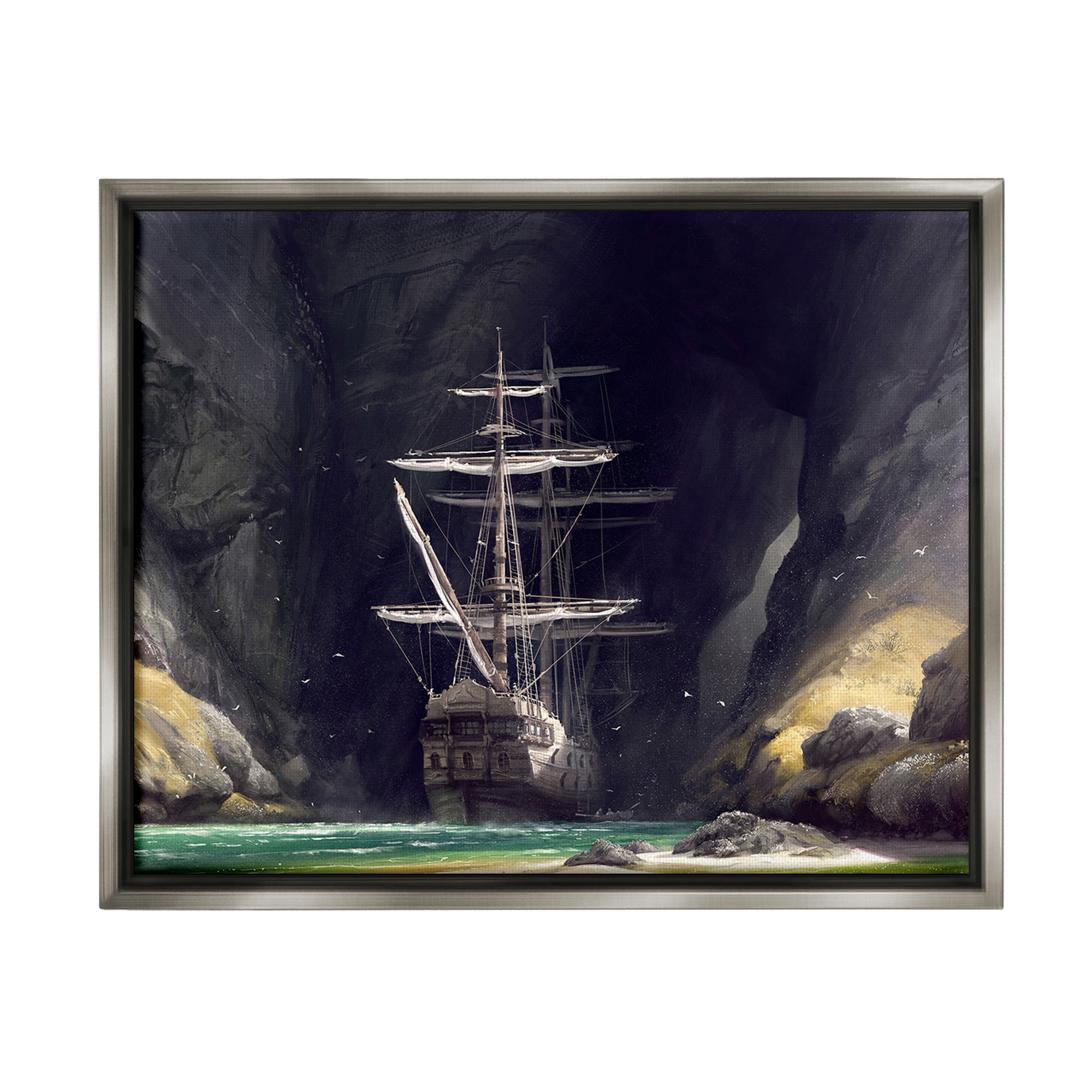 Stupell Industries Mysterious Ship in Cave Transportation Painting Gray Floater Framed Canvas Art Print Wall Art, 31 x 25