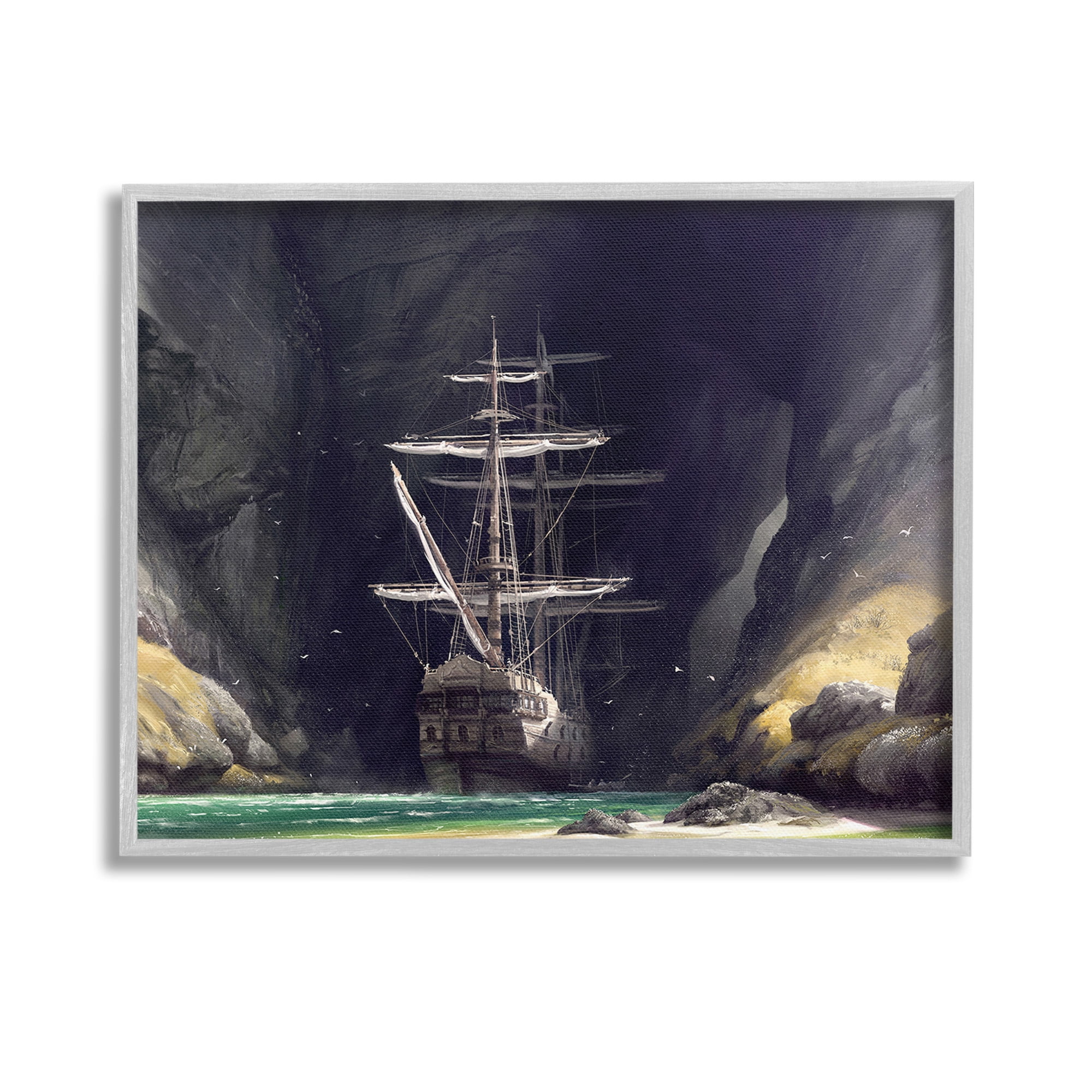 Stupell Industries Mysterious Ship in Cave Transportation Painting Gray Framed Art Print Wall Art, 14 x 11